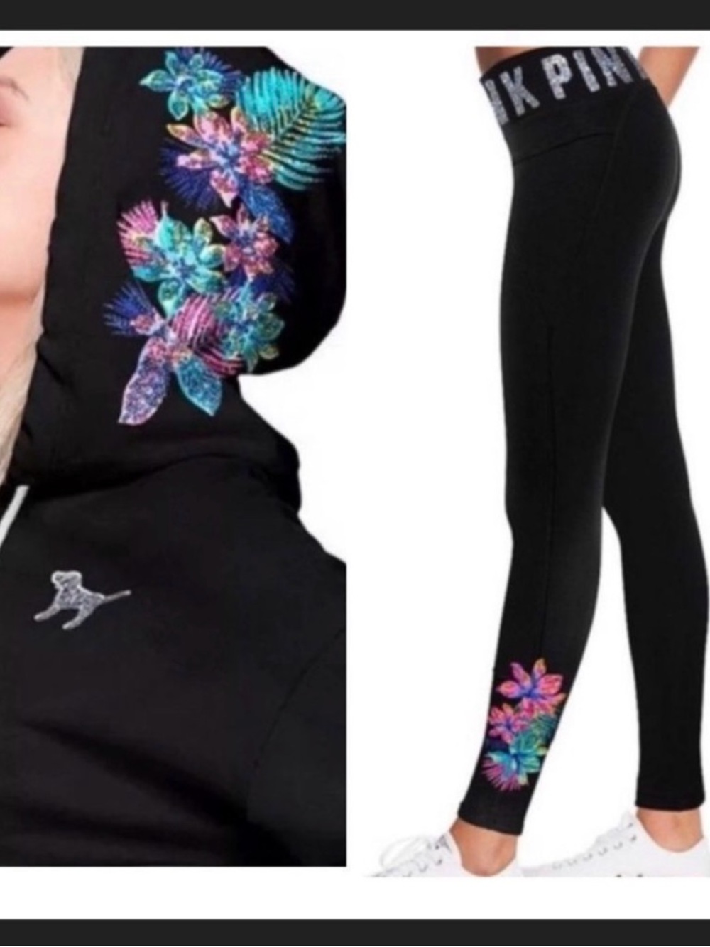 PINK VS HTF HIBISCUS TROPICAL BLING HOODIE/ YOGA LEGGINGS OUTFIT MEDIUM
